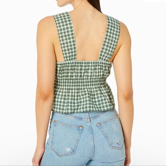 NWT Madewell Gingham Check Smocked Green White Peplum Cropped Keyhole Prairie - Picture 2 of 5